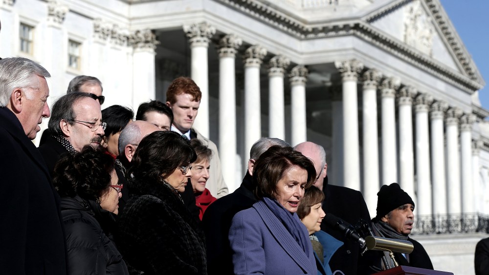 House Minority Leader Nancy Pelosi and members of the House Democratic caucus call on House Republicans to pass "clean" funding bill for the Department of Homeland Security at the US Capitol Feb. 13, 2015 in Washington, DC. (Photo by Win McNamee/Getty)