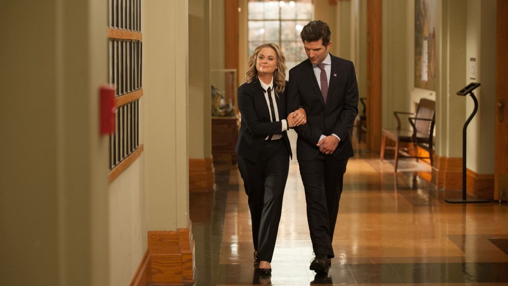 Amy Poehler and Adam Scott in the Season finale of NBC's "Parks and Recreation." (Photo by Colleen Hayes/NBC/NBCU Photo Bank/Getty)