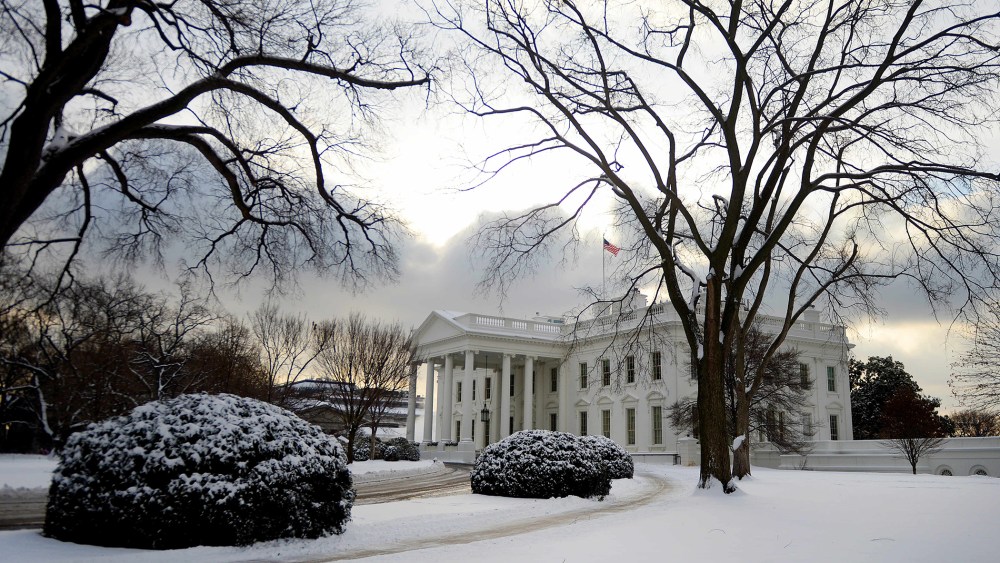 The White House grounds are covered in snow after a winter storm hit Washington, DC on Feb. 17, 2015. (Photo by Jim Watson/AFP/Getty)
