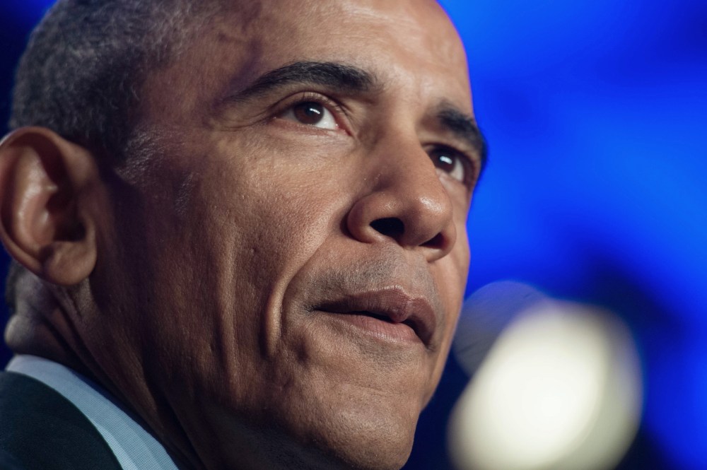 US President Barack Obama addresses the General Session of the 2015 Democratic National Committee (DNC) Winter Meeting in Washington, DC, on Feb. 20, 2015.