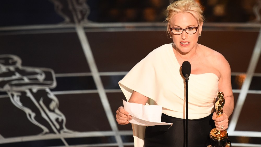 Winner for Best Supporting Actress Patricia Arquette accepts her award on stage at the 87th Oscars Feb. 22, 2015 in Hollywood, Calif. (Photo by Robyn Beck/AFP/Getty)