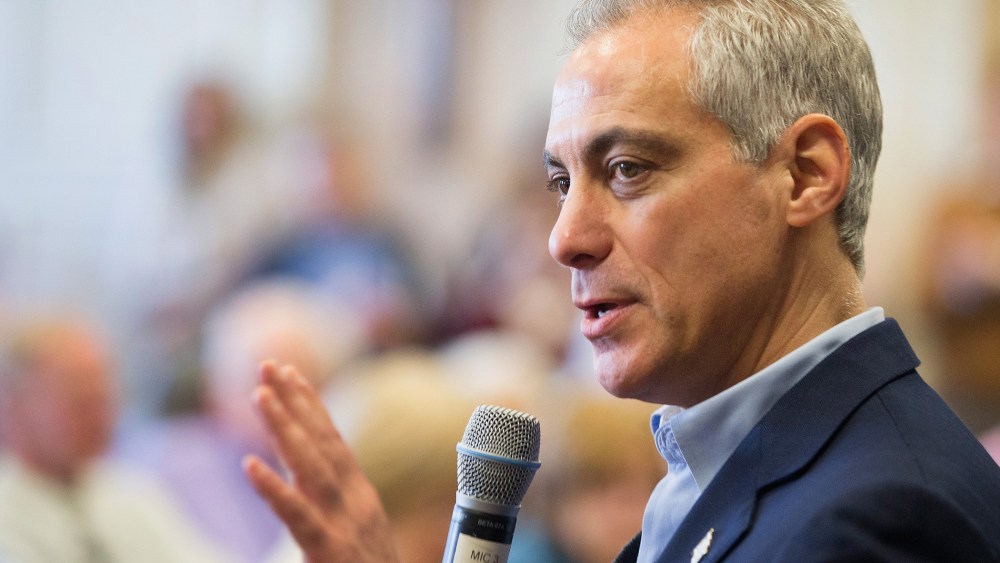 Chicago Mayor Rahm Emanuel talks with residents at a senior living center during a campaign stop on Feb. 23, 2015 in Chicago, Illinois. (Photo by Scott Olson/Getty)