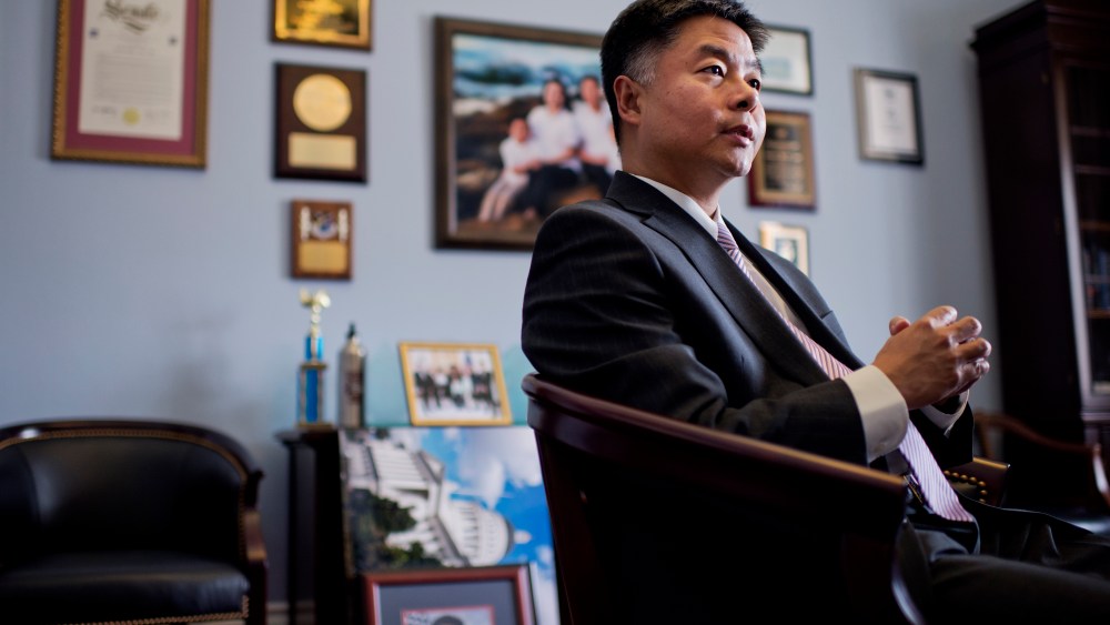 Rep. Ted Lieu, D-Calif., is interviewed by CQ Roll Call in his Cannon Building office, Feb. 26, 2015. (Photo by Tom Williams/CQ Roll Call/Getty)