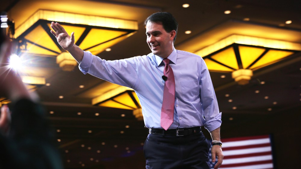 Wisconsin Gov. Scott Walker acknowledges the crowd after his speech at the 42nd annual Conservative Political Action Conference (CPAC) on Feb. 26, 2015 in National Harbor, Md. (Photo by Alex Wong/Getty)