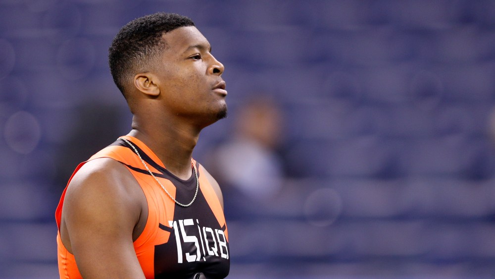 Quarterback Jameis Winston of Florida State looks on during the 2015 NFL Scouting Combine at Lucas Oil Stadium on Feb. 21, 2015 in Indianapolis, Ind. (Photo by Joe Robbins/Getty)