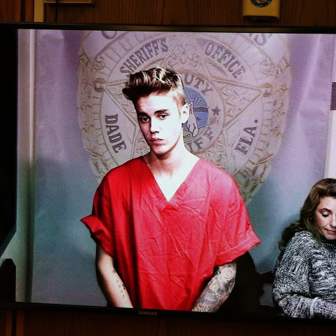 Justin Bieber appeared briefly in front of Judge Joseph Farina, via video, at Miami-Dade Circuit Court in Florida, Ja. 23, 2014.