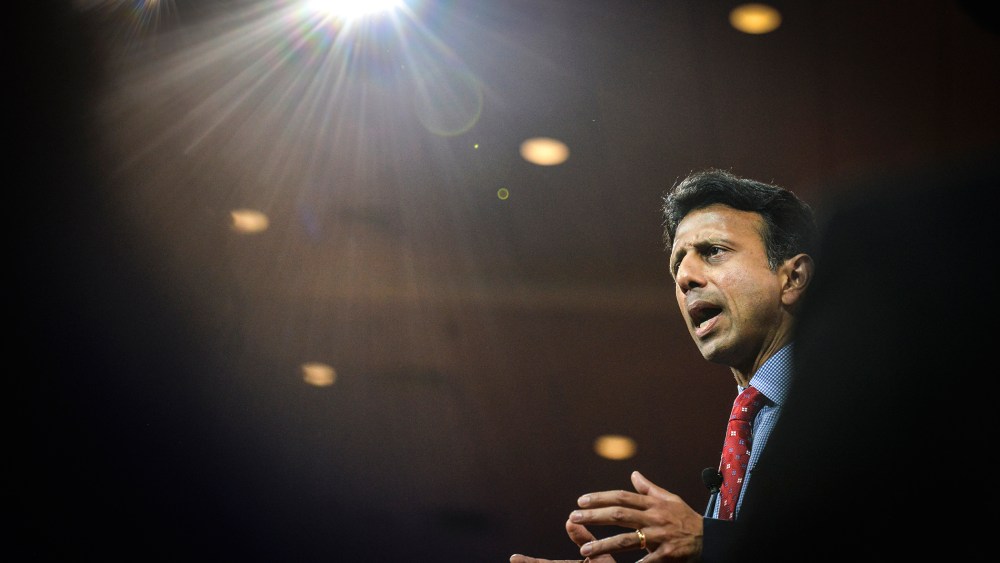 Governor Bobby Jindal (R-LA) addresses a packed house during CPAC2105 (Conservative Political Action Conference) at the Nation Harbor Gaylord on Feb. 26, 2015, in Oxon Hill, Md. (Photo by Jahi Chikwendiu/The Washington Post/Getty)