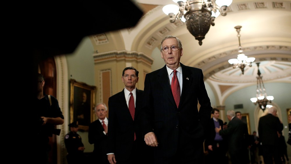 Senate Minority Leader Mitch McConnell (R) (R-KY) arrives at a press conference following the weekly policy luncheon of the Republican caucus at the U.S. Capitol March 3, 2015 in Washington, D.C. (Photo by Win McNamee/Getty)