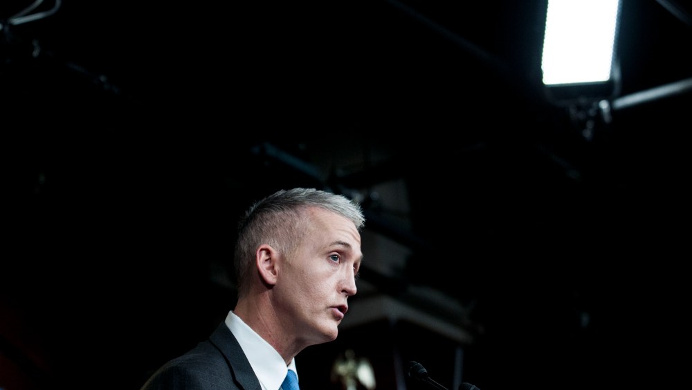 Chairman Trey Gowdy (R-SC) of the House Select Committee on Benghazi speaks to reporters on the findings of former Secretary of State Hillary Clinton's personal emails on March 3, 2015 in Washington, DC. (Photo by Gabriella Demczuk/Getty)