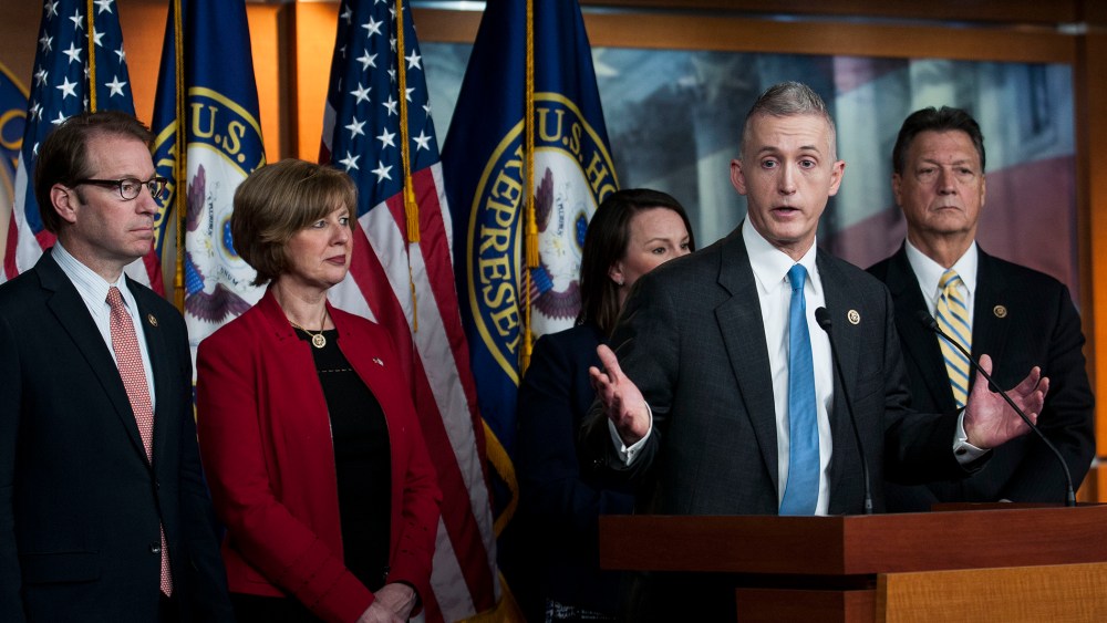 Chairman Trey Gowdy (R-SC) and other members of the House Select Committee on Benghazi speak to reporters at a press conference on the findings of former Secretary of State Hillary Clinton's personal emails at the U.S. Capitol on March 3, 2015.