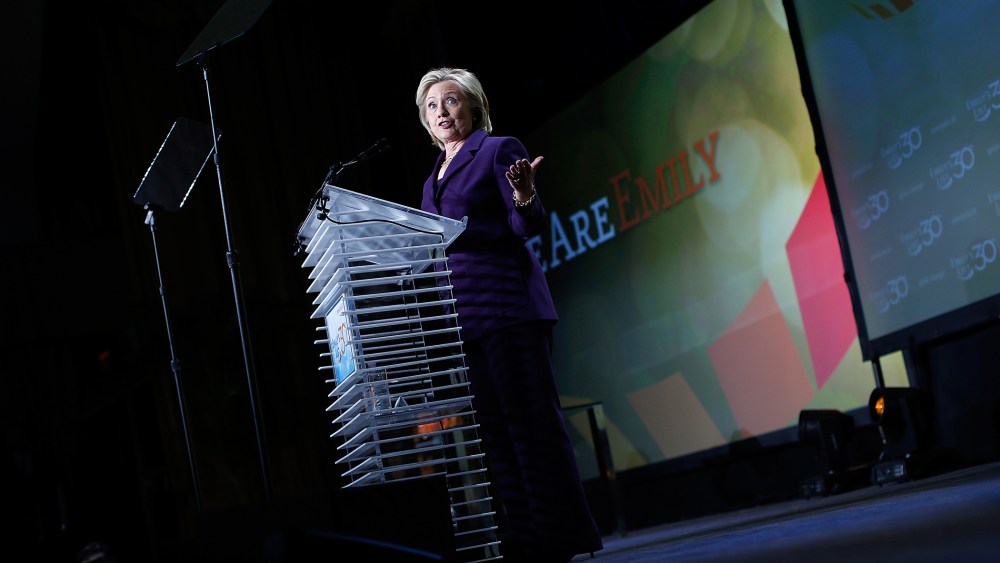 Former U.S. Secretary of State Hillary Clinton addresses the 30th Anniversary National Conference of EMILY's List on March 3, 2015 in Washington, DC. (Photo by Win McNamee/Getty)