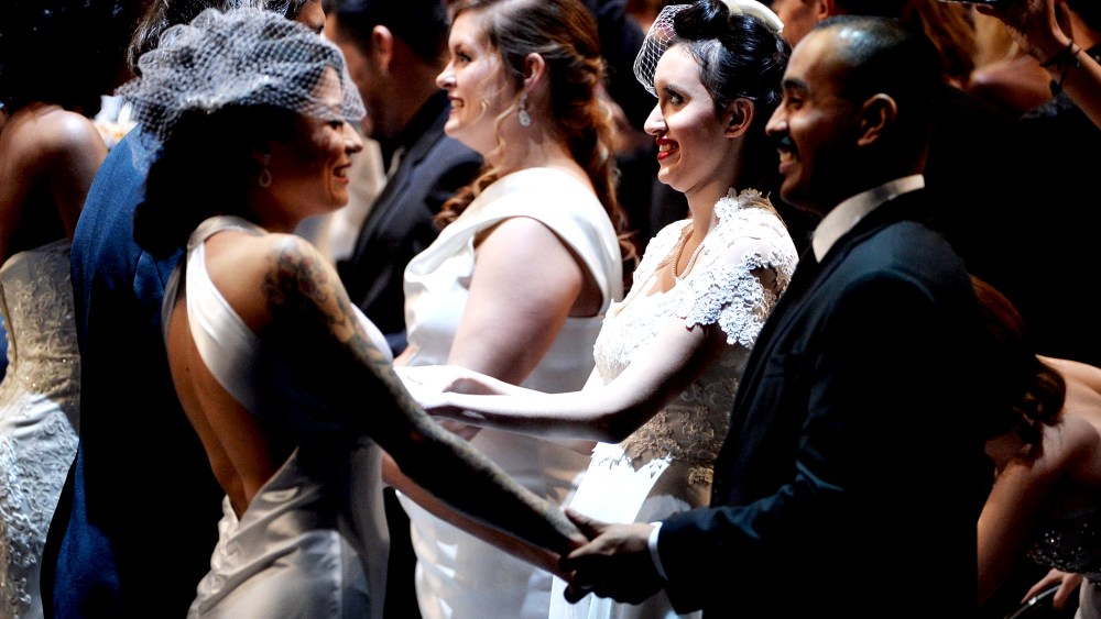 Same-sex couples exchange wedding vows as part of Macklemore and Ryan Lewis' performance at the Grammy's, Jan. 26, 2014.
