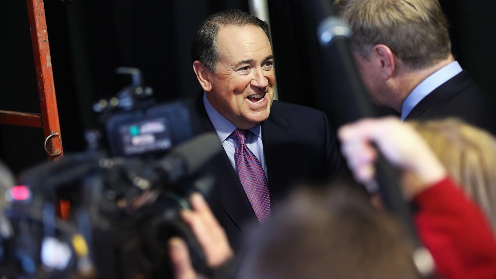 Former Governor Mike Huckabee of Arkansas fields questions from reporters at the Iowa Ag Summit last month in Des Moines, Iowa, March 7, 2015. (Photo by Scott Olson/Getty)