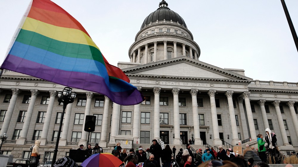 Supporters hold a pro-gay marriage rally outside the Utah State Capitol on Jan. 28, 2014 in Salt Lake City, Utah.