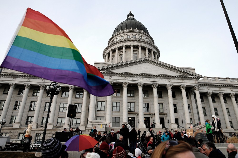 Supporters hold a pro-gay marriage rally outside the Utah State Capitol on Jan. 28, 2014 in Salt Lake City, Utah.