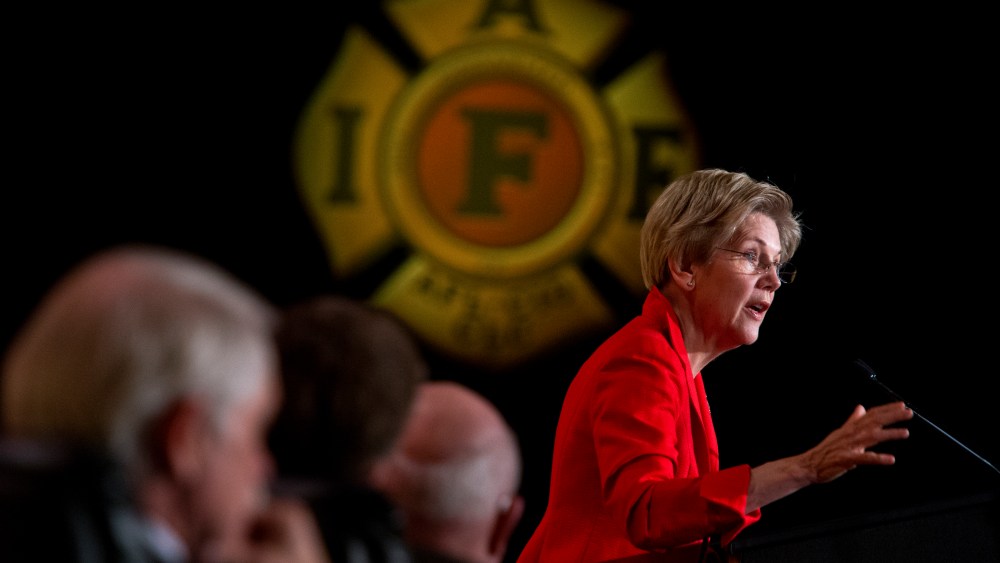 Elizabeth Warren speaks during the International Association of Fire Fighters Legislative Conference General Session at the Hyatt Regency on Capitol Hill, March 9, 2015. (Photo By Tom Williams/CQ Roll Call via Getty)