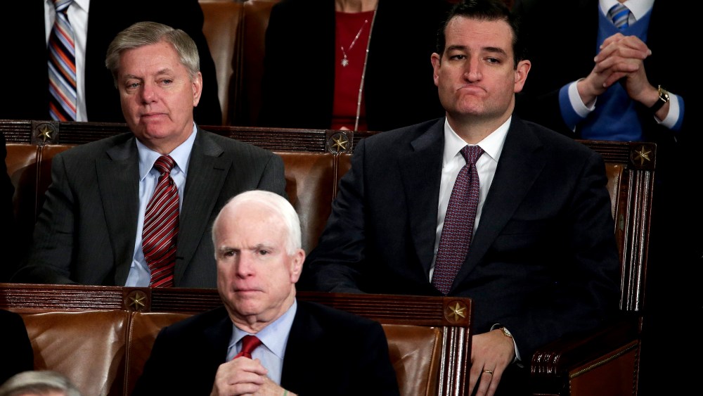 Sen. Lindsey Graham, Sen. John McCain, and Sen. Ted Cruz listen to the State of the Union address, Jan. 28, 2014.