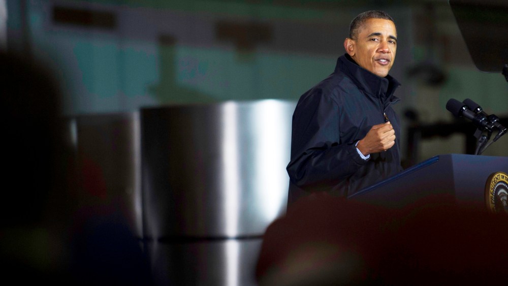 U.S. President Barack Obama speaks at the USX Irvin Works January 29, 2014 in West Mifflin, Pennsylvania.