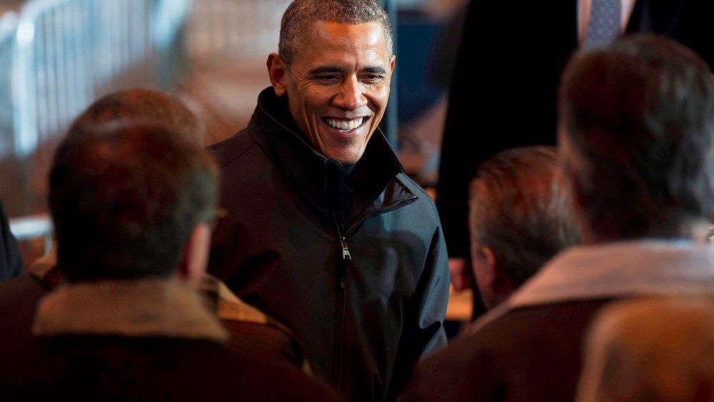 U.S. President Barack Obama greets people at the USX Irvin Works Jan. 29, 2014 in West Mifflin, Penn.