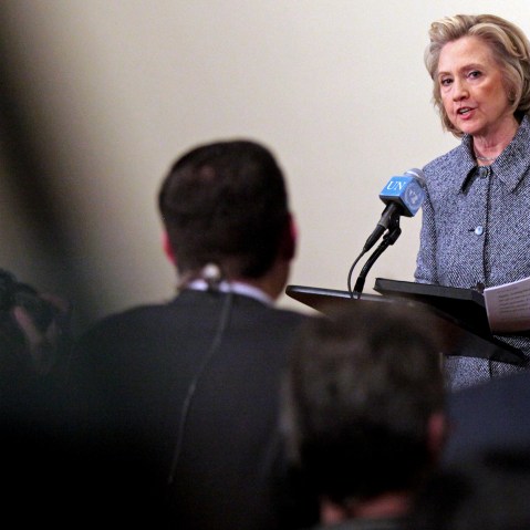 Former United States Secretary of State Hillary Clinton answers media questions after keynoting a Women's Empowerment Event at the United Nations on March 10, 2015 in New York City. (Photo by Yana Paskova/Getty)