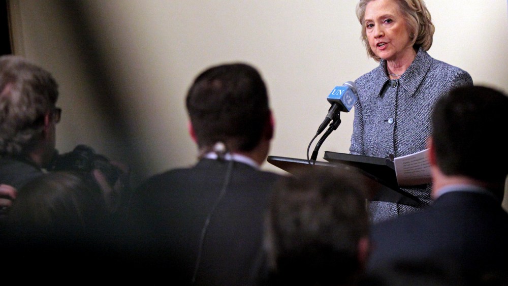Former United States Secretary of State Hillary Clinton answers media questions after keynoting a Women's Empowerment Event at the United Nations on March 10, 2015 in New York City. (Photo by Yana Paskova/Getty)