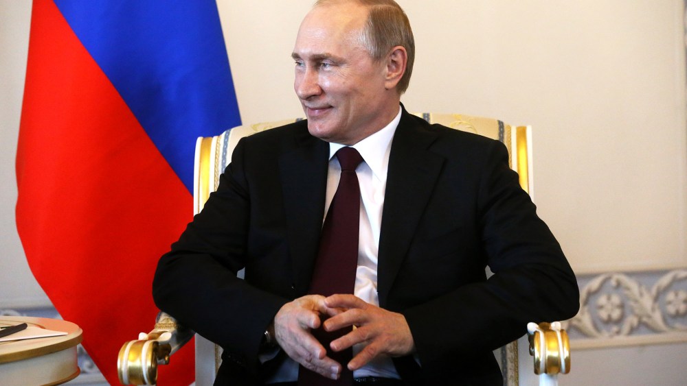 Russian President Vladimir Putin attends a meeting with Kyrgyz President Almazbek Atambayev (unseen) in the Konstantin Palace in Strelna on March 16, 2015 in Saint Petersburg, Russia. (Photo by Sasha Mordovets/Getty)