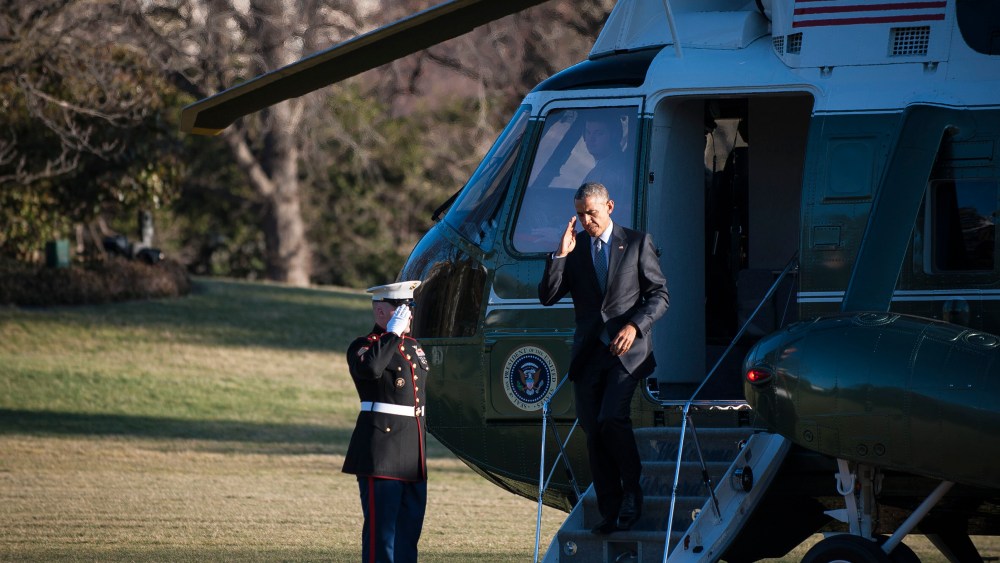 President Barack Obama arrives on the South Lawn of the White House onboard Marine 1 March 18, 2015 in Washington, DC. (Photo by Pete Marovich-Pool/Getty)