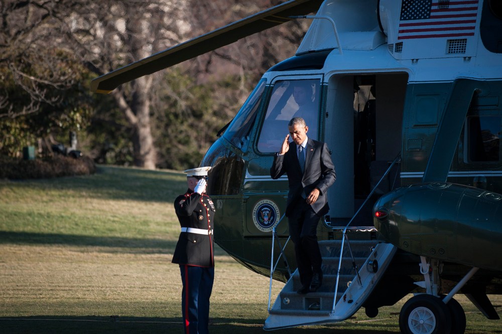 President Barack Obama arrives on the South Lawn of the White House onboard Marine 1 March 18, 2015 in Washington, DC. (Photo by Pete Marovich-Pool/Getty)