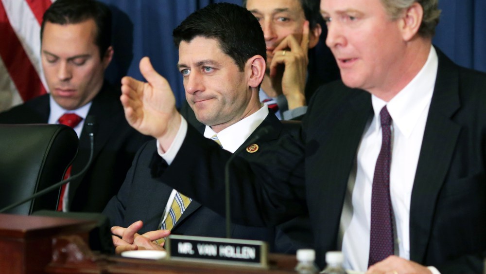 Paul Ryan listens to Rep. Chris Van Hollen speak before the House Budget Committee on Capitol Hill, Feb. 5, 2014.