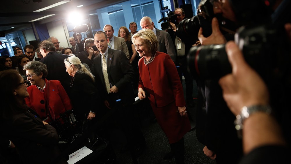 Former U.S. Secretary of State Hillary Clinton greets members of the audience after speaking at the Center for American Progress March 23, 2015 in Washington, DC. (Photo by Win McNamee/Getty)