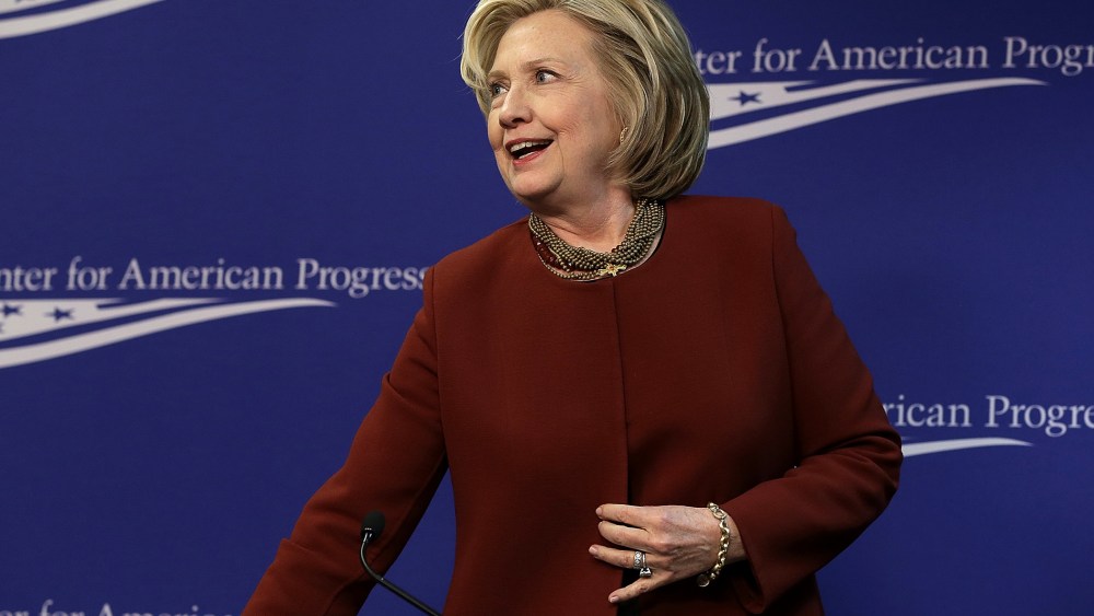 Former U.S. Secretary of State Hillary Clinton departs after speaking at the Center for American Progress on March 23, 2015 in Washington, DC.