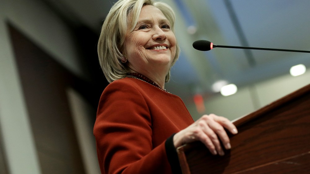 Former US Secretary of State Hillary Clinton speaks at an award ceremony for the 2015 Toner Prize for Excellence in Political Reporting March 23, 2015 in Washington, DC. (Photo by Win McNamee/Getty)