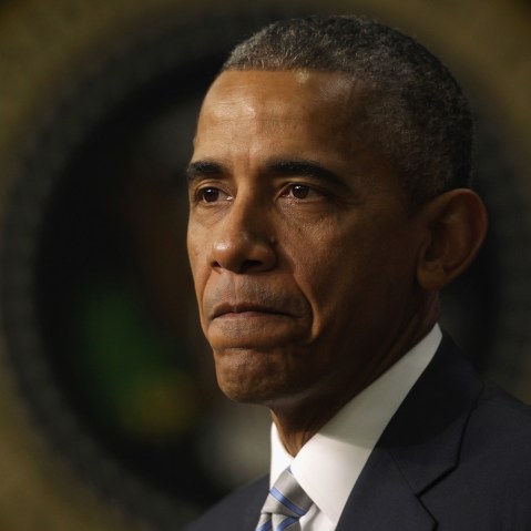 U.S. President Barack Obama speaks in the Eisenhower Executive Office Building in Washington, DC. on March 25, 2015.
