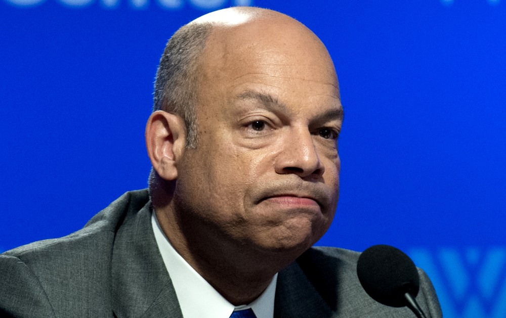Secretary of Homeland Security Jeh Johnson looks on after making his first major address since taking his position at the Woodrow Wilson International Center in Washington, Feb. 7, 2014.