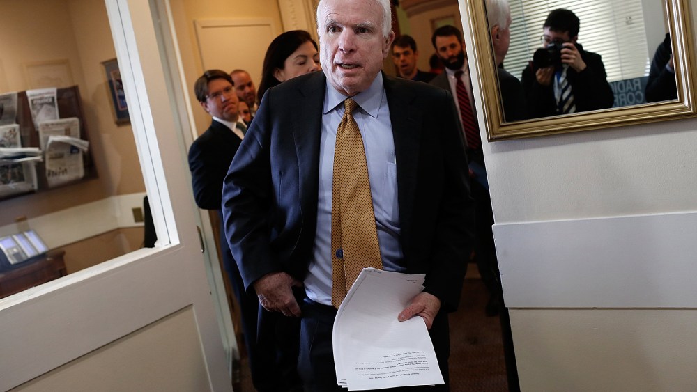 U.S. Sen. John McCain (R-AZ) arrives for a press conference in Washington on March 26, 2015.
