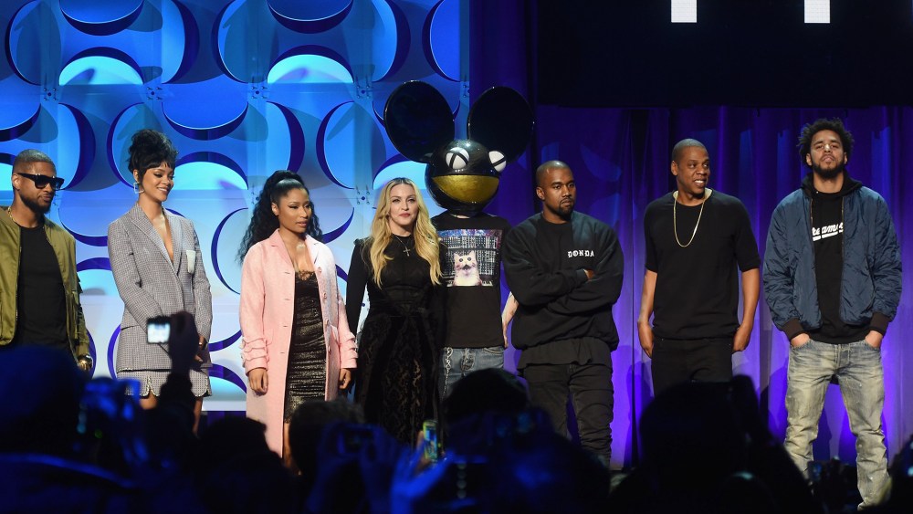 Usher, Rihanna, Nicki Minaj, Madonna, Deadmau5, Kanye West, JAY Z, and J. Cole onstage at the Tidal launch event #TIDALforALL at Skylight at Moynihan Station on March 30, 2015 in New York City.