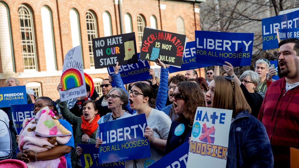 Demonstrators gather outside the City County Building on March 30, 2015 in Indianapolis, Ind.