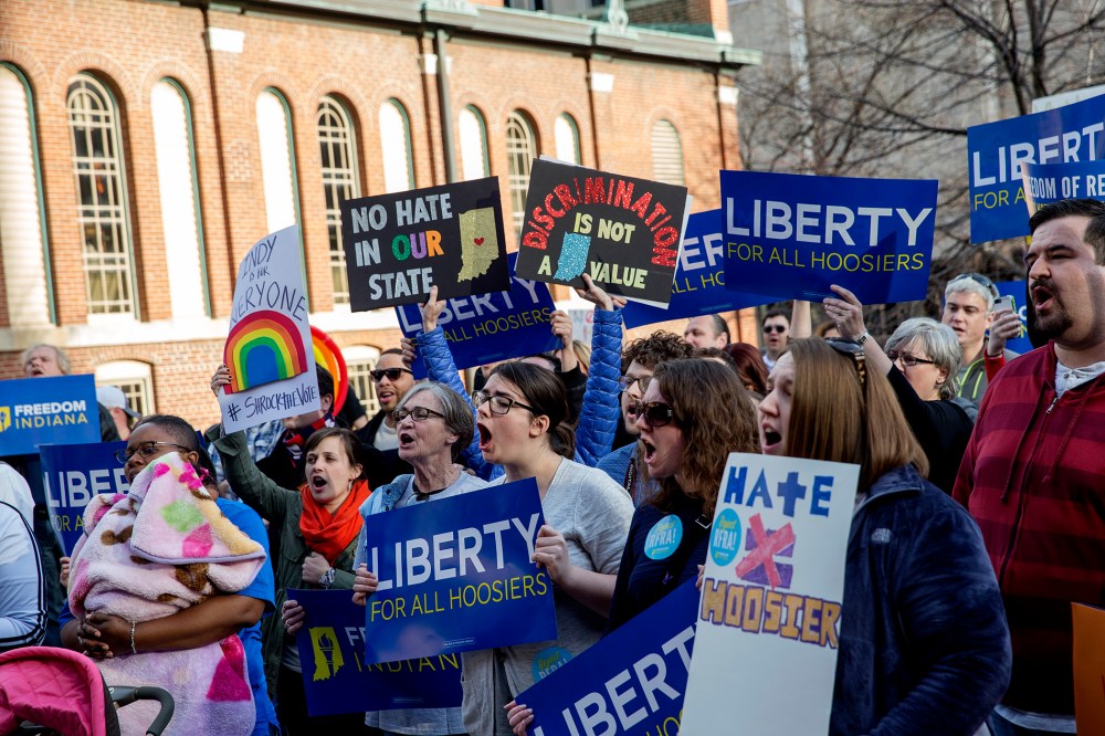 Demonstrators gather outside the City County Building on March 30, 2015 in Indianapolis, Ind.