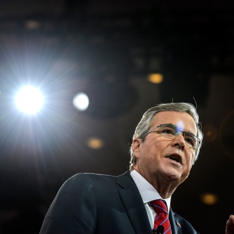 Jeb Bush addresses a packed house during CPAC2015 (Conservative Political Action Conference) at the National Harbor Gaylord on Feb. 27, 2015, in Oxon Hill, Md. (photo by Jahi Chikwendiu/The Washington Post/Getty)