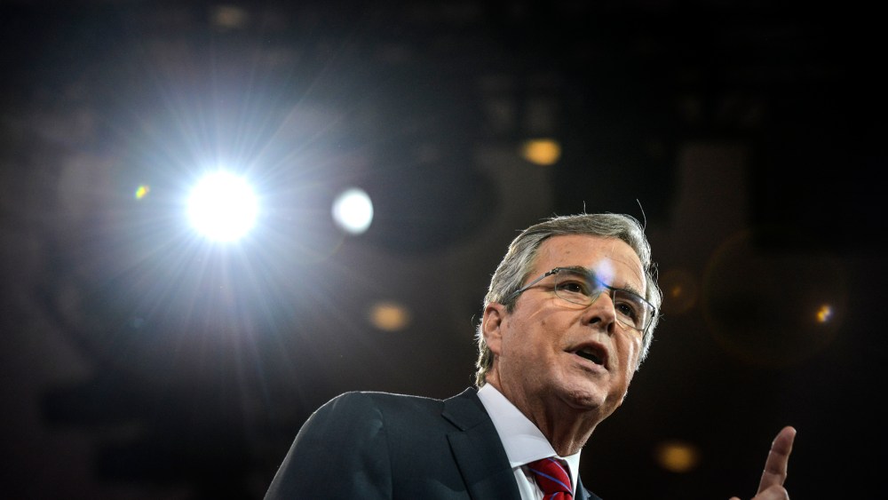 Jeb Bush addresses a packed house during CPAC2015 (Conservative Political Action Conference) at the National Harbor Gaylord on Feb. 27, 2015, in Oxon Hill, Md. (photo by Jahi Chikwendiu/The Washington Post/Getty)