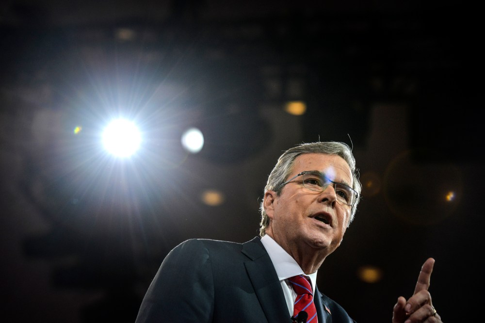 Jeb Bush addresses a packed house during CPAC2015 (Conservative Political Action Conference) at the National Harbor Gaylord on Feb. 27, 2015, in Oxon Hill, Md. (photo by Jahi Chikwendiu/The Washington Post/Getty)
