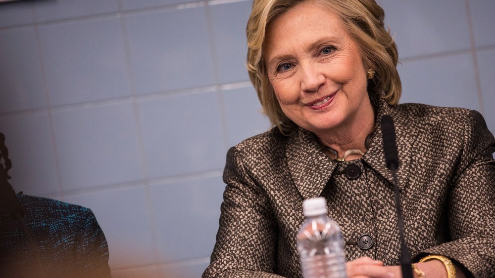 Former Secretary of State Hillary Clinton attends a round table conversation with first lady of New York City Chirlane McCray on April 1, 2015 in New York City. (Photo by Andrew Burton/Getty)