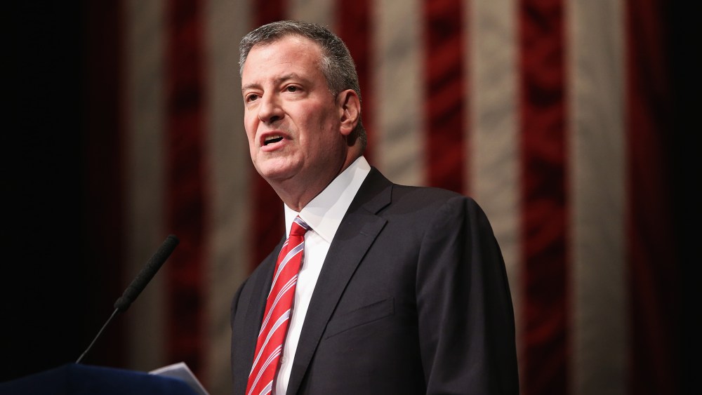 New York City Mayor Bill de Blasio gives the State of the City address at La Guardia Community College, Feb. 10, 2014.