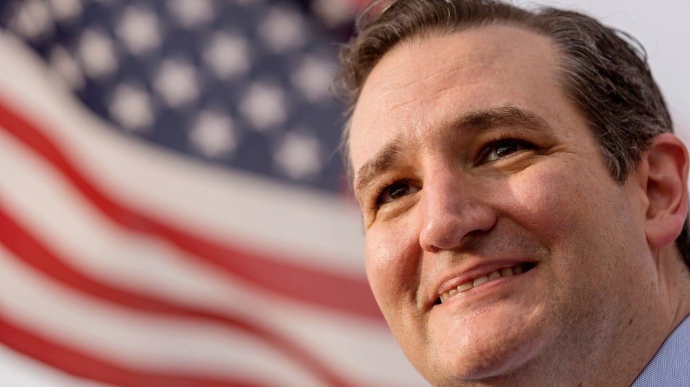 Senator and GOP presidential candidate Ted Cruz answers questions from local media following a town hall meeting at the Beacon Drive-in restaurant on April 3, 2015 in Spartanburg, S.C. (Photo by Richard Ellis/Getty)