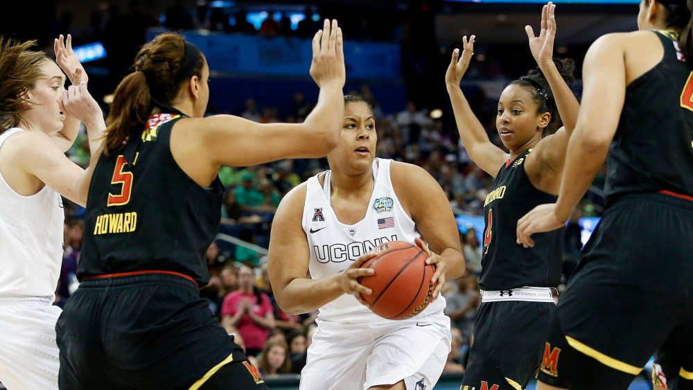 Kaleena Mosqueda-Lewis #23 of the Connecticut Huskies drives against the Maryland Terrapins in the second half during the NCAA Women's Final Four Semifinal at Amalie Arena on April 5, 2015 in Tampa, Florida. (Photo by Brian Blanco/Getty