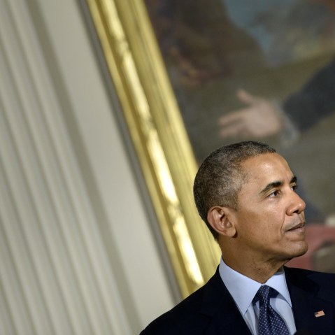 President Barack Obama pauses while speaking at the  White House on April 7, 2015 in Washington, DC. (Photo by Brendan Smialowski/AFP/Getty)