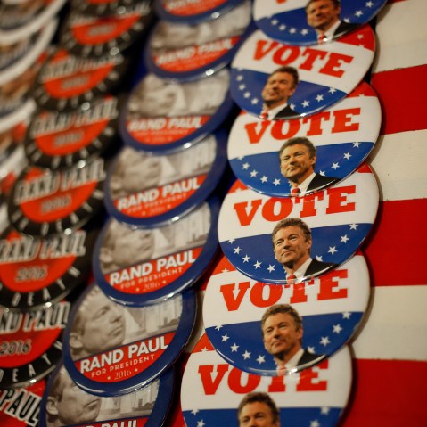 Campaign buttons are displayed for sale outside an event at which Sen. Rand Paul (R-KY) will announce his candidacy for the Republican presidential nomination at the Galt House Hotel on April 7, 2015 in Louisville, Ky. (Photo by Luke Sharrett/Getty)