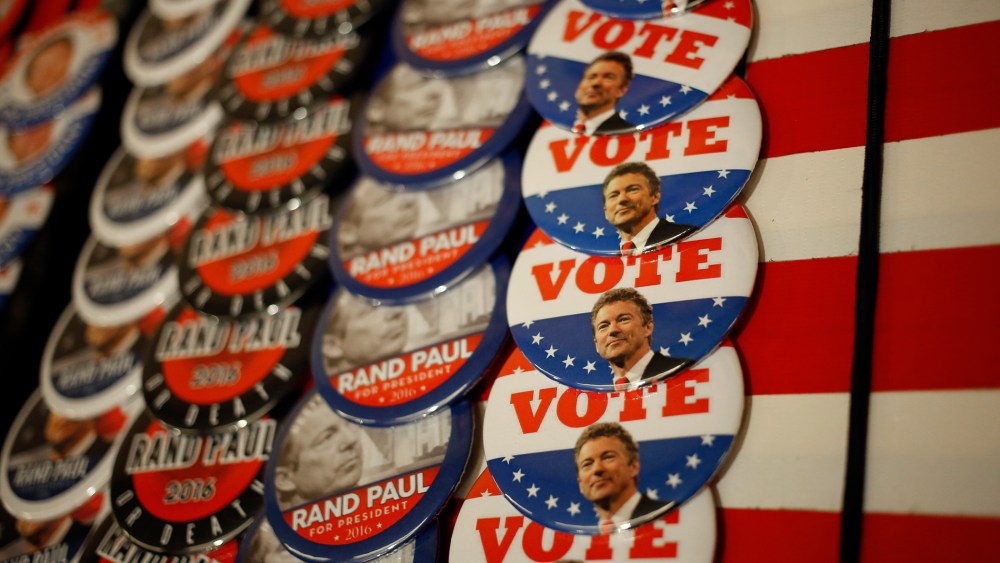 Campaign buttons are displayed for sale outside an event at which Sen. Rand Paul (R-KY) will announce his candidacy for the Republican presidential nomination at the Galt House Hotel on April 7, 2015 in Louisville, Ky. (Photo by Luke Sharrett/Getty)