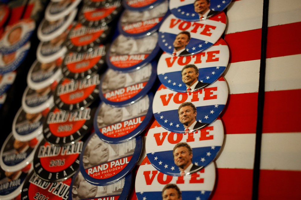 Campaign buttons are displayed for sale outside an event at which Sen. Rand Paul (R-KY) will announce his candidacy for the Republican presidential nomination at the Galt House Hotel on April 7, 2015 in Louisville, Ky. (Photo by Luke Sharrett/Getty)
