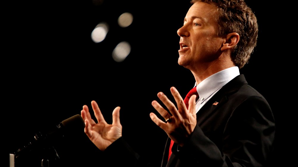 Sen. Rand Paul (R-KY) delivers remarks while announcing his candidacy for the Republican presidential nomination during an event at the Galt House Hotel on April 7, 2015 in Louisville, Ky. (Photo by Luke Sharrett/Getty)